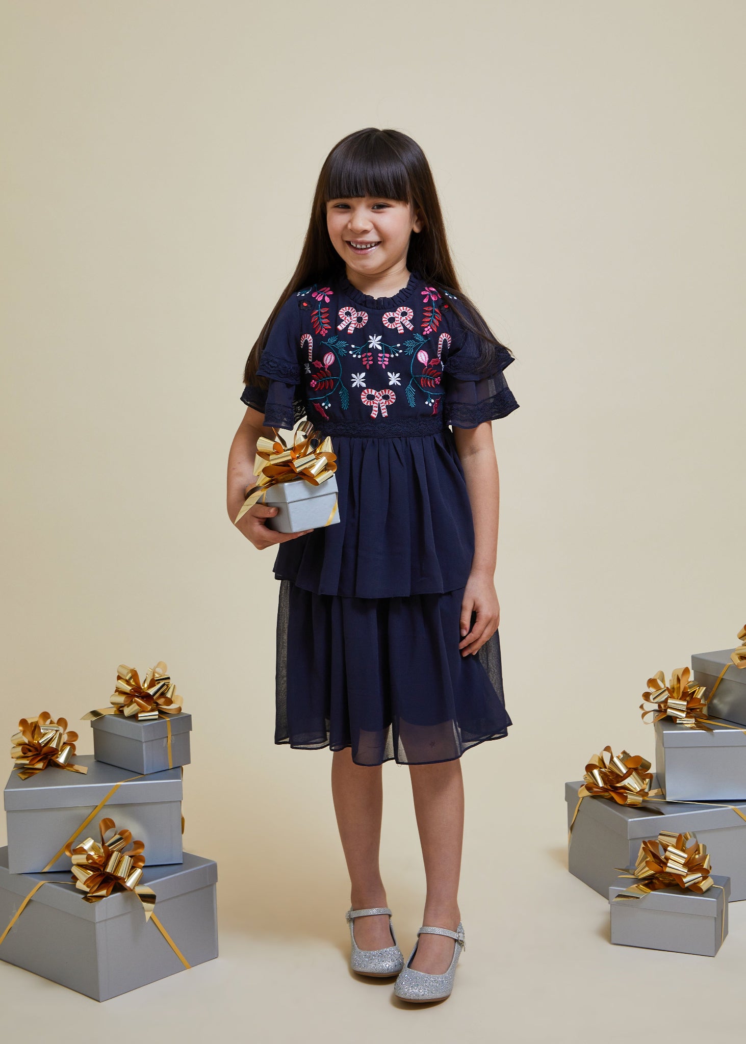 Alvie Navy Christmas Embroidered Dress Frock and Frill Alvie Navy Christmas Embroidered Dress Frock and Frill