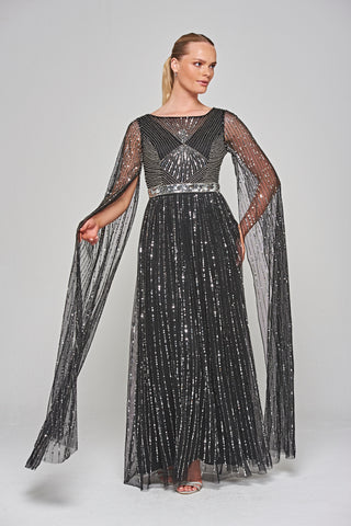 Ula Black Embellished Cape Sleeve Maxi Dress