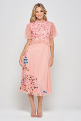 Adara Pink Floral Embroidered Midi Dress
