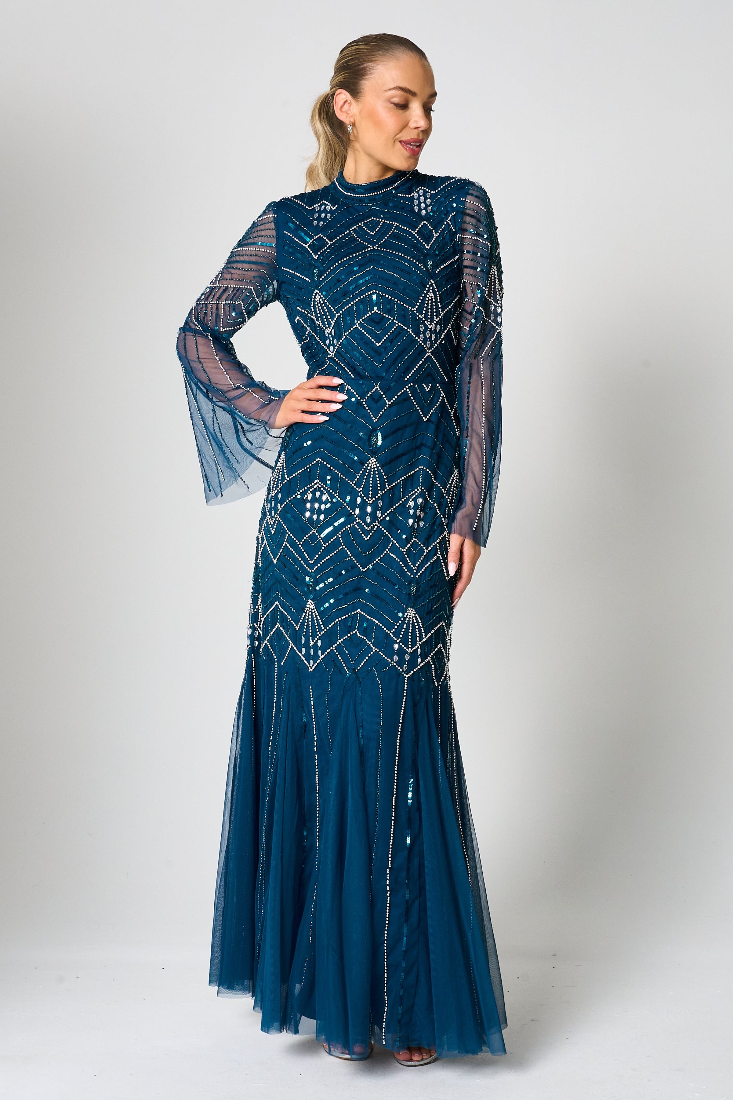 Adelia Blue Embellished Maxi Dress – Frock and Frill