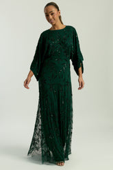 Aiya Rainforest Green Embellished Maxi Dress with Batwing Sleeves