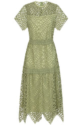 Alessia Green Crochet Lace Midi Dress by Frock and Frill, short sleeves, midi length, sage green dress for weddings and special occasions.