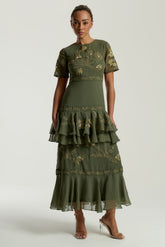 Aluma Olive Green Embroidered Midaxi Dress