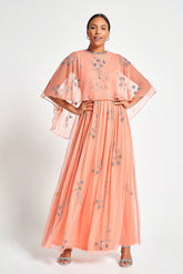 Amarilis Coral Embellished Cape Detail Maxi Dress