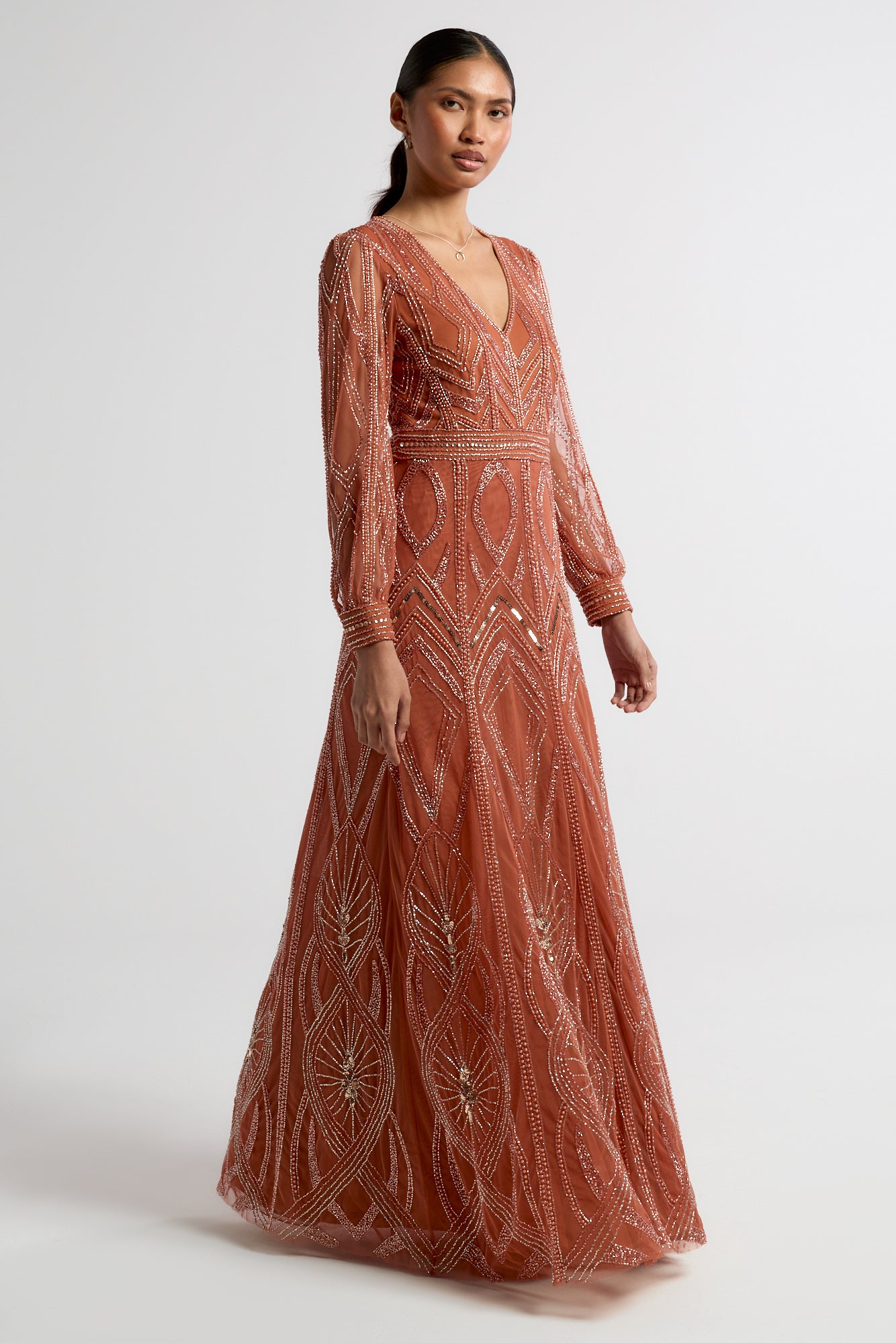 Amber Burnt Orange Embellished Maxi Dress – Frock and Frill