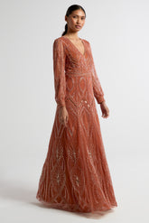 Amber burnt orange embellished maxi dress with V-neckline and long sleeves