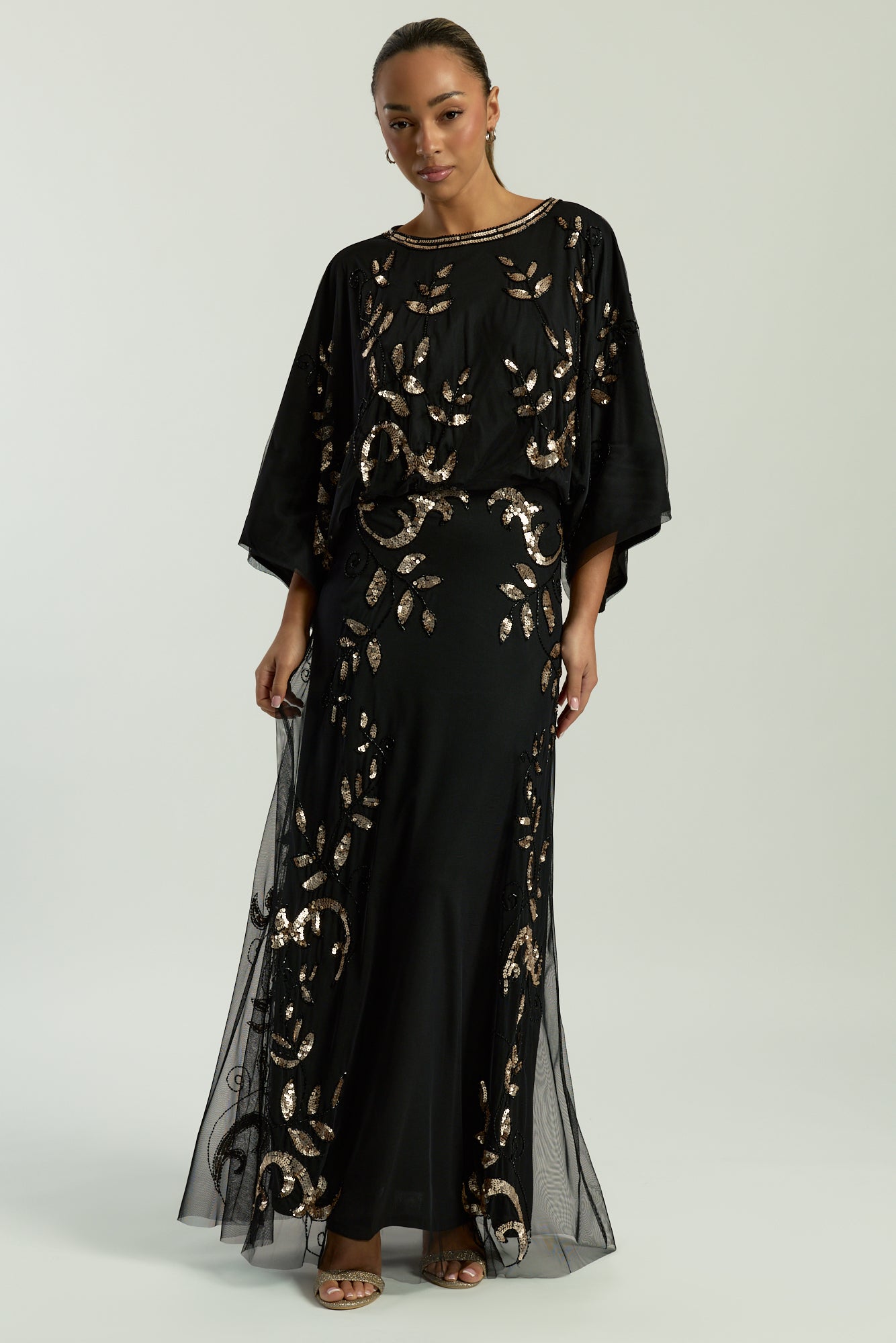 Ambretta Black Leaf Embellished Maxi Dress with Batwing Sleeves Frock and Frill Ambretta Black Leaf Embellished Maxi Dress with Batwing Sleeves Frock and Frill