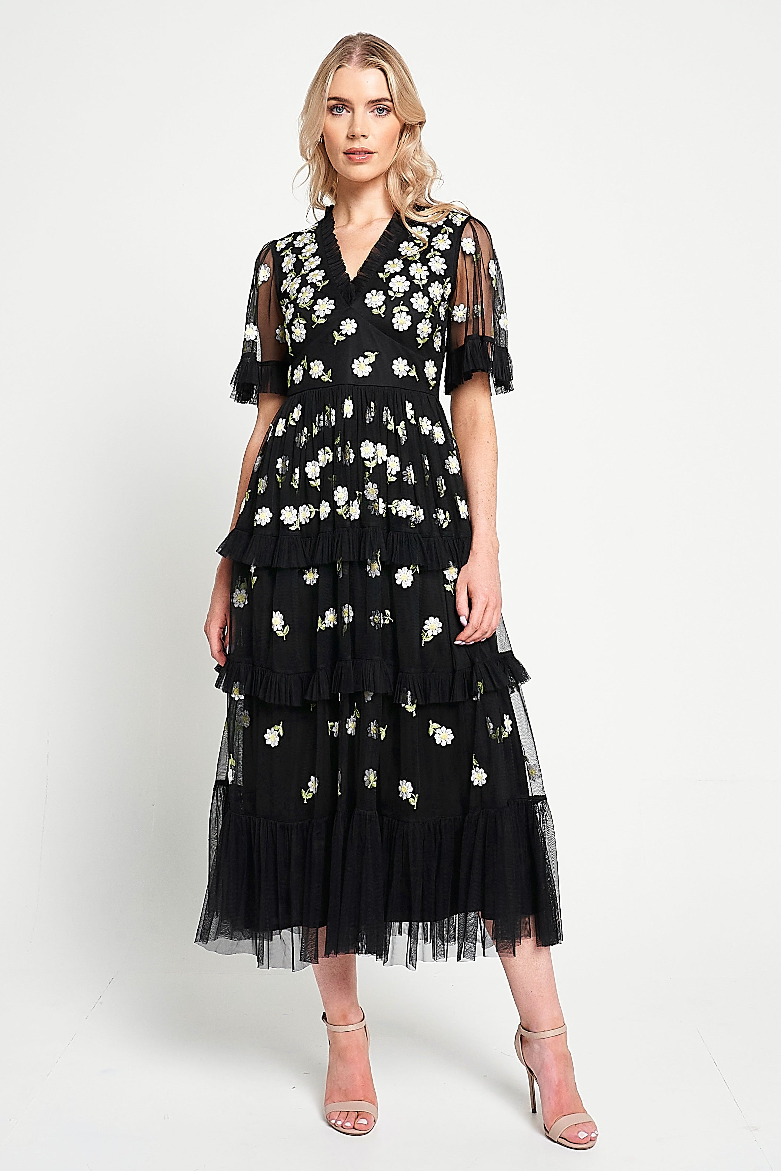 Amy Black Floral Embroidered Midi Dress – Frock and Frill