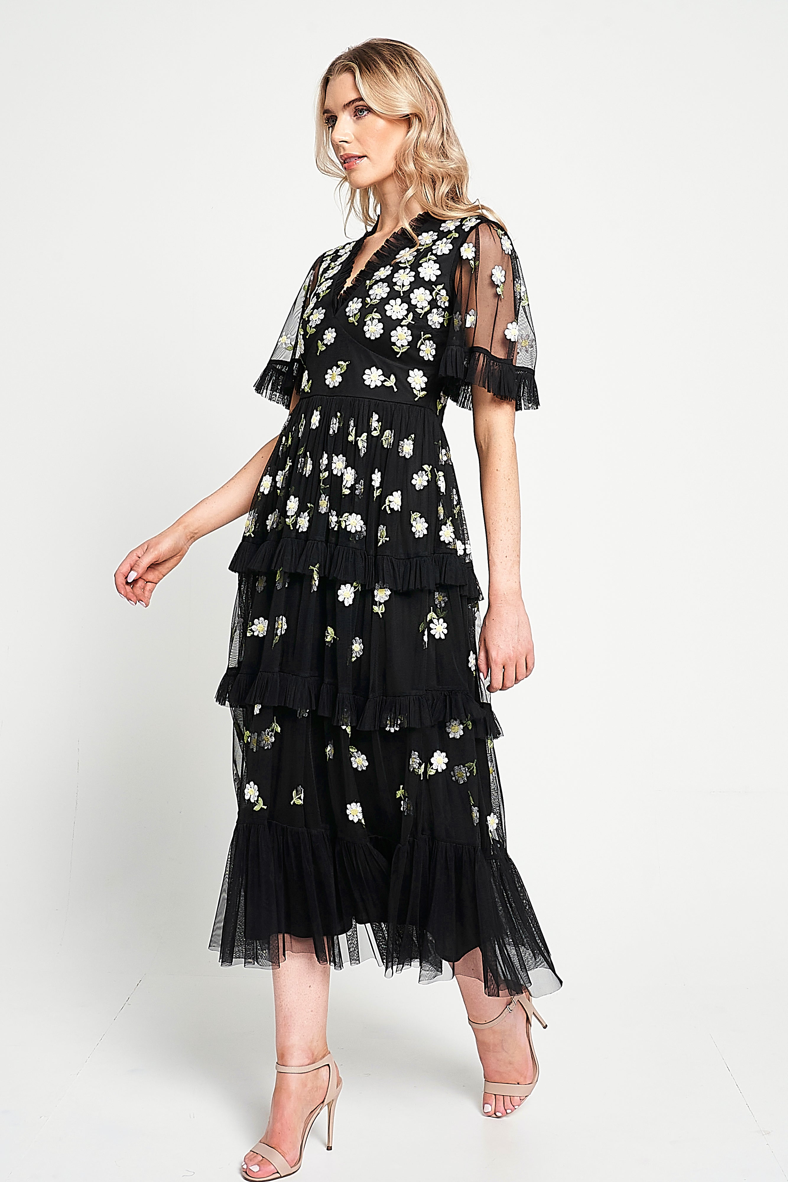Amy Black Floral Embroidered Midi Dress – Frock and Frill