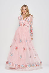 Anara Pink Floral Embroidered Maxi Dress