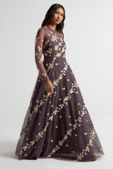 Anastasia purple floral embroidered maxi dress by Frock and Frill, romantic long sleeve gown for weddings, garden parties and prom.