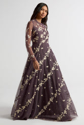 Anastasia purple floral embroidered maxi dress by Frock and Frill, romantic long sleeve gown for weddings, garden parties and prom.