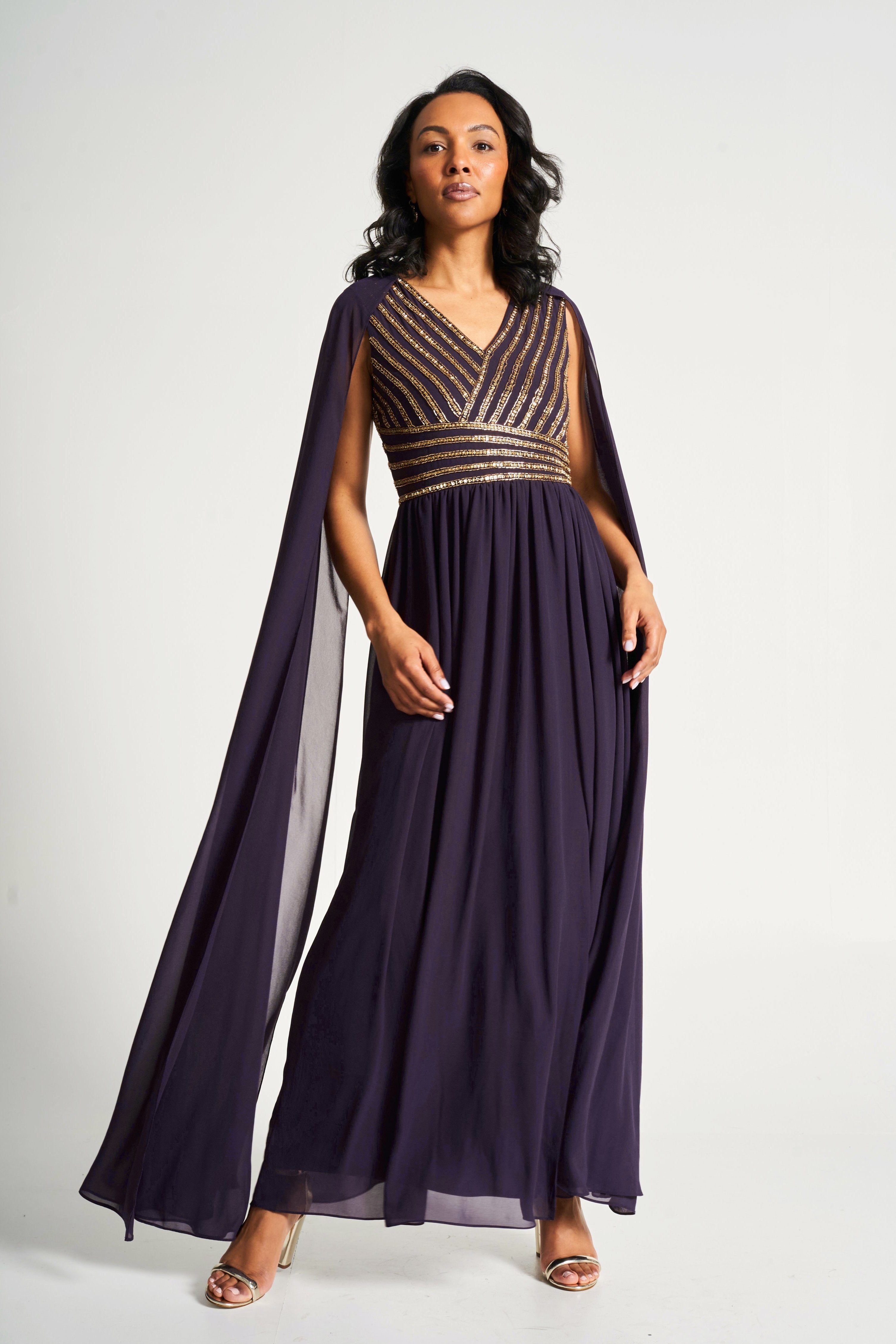 Angelina Deep Plum Sequin Cape Sleeve Maxi Dress Frock and Frill Angelina Deep Plum Sequin Cape Sleeve Maxi Dress Frock and Frill
