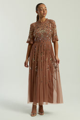 Annelise Bronze Floral Embellished Midaxi Dress