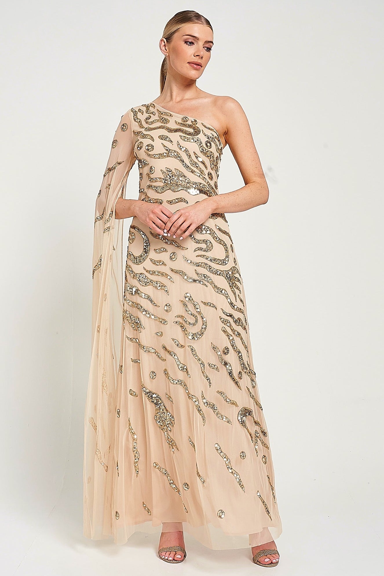 Arlene One Shoulder Cape Sleeve Embellished Maxi Dress Frock and Frill Arlene One Shoulder Cape Sleeve Embellished Maxi Dress Frock and Frill