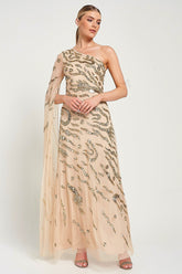 Arlene one shoulder cape sleeve embellished maxi dress in nude gold with sequin detailing designed for elegant evening and occasion wear styling