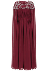 Aruna Burgundy Embellished Cape Sleeve Maxi Dress