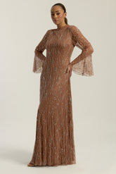 Aurielle Flared Sleeve Sequin Maxi Dress by Amelia Rose – modest long-sleeved maxi gown with delicate sequin embellishments, perfect for weddings and evening events