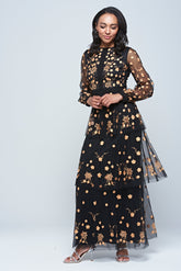 Azara black floral embroidered maxi dress by Frock and Frill with sheer long sleeves and flowing silhouette