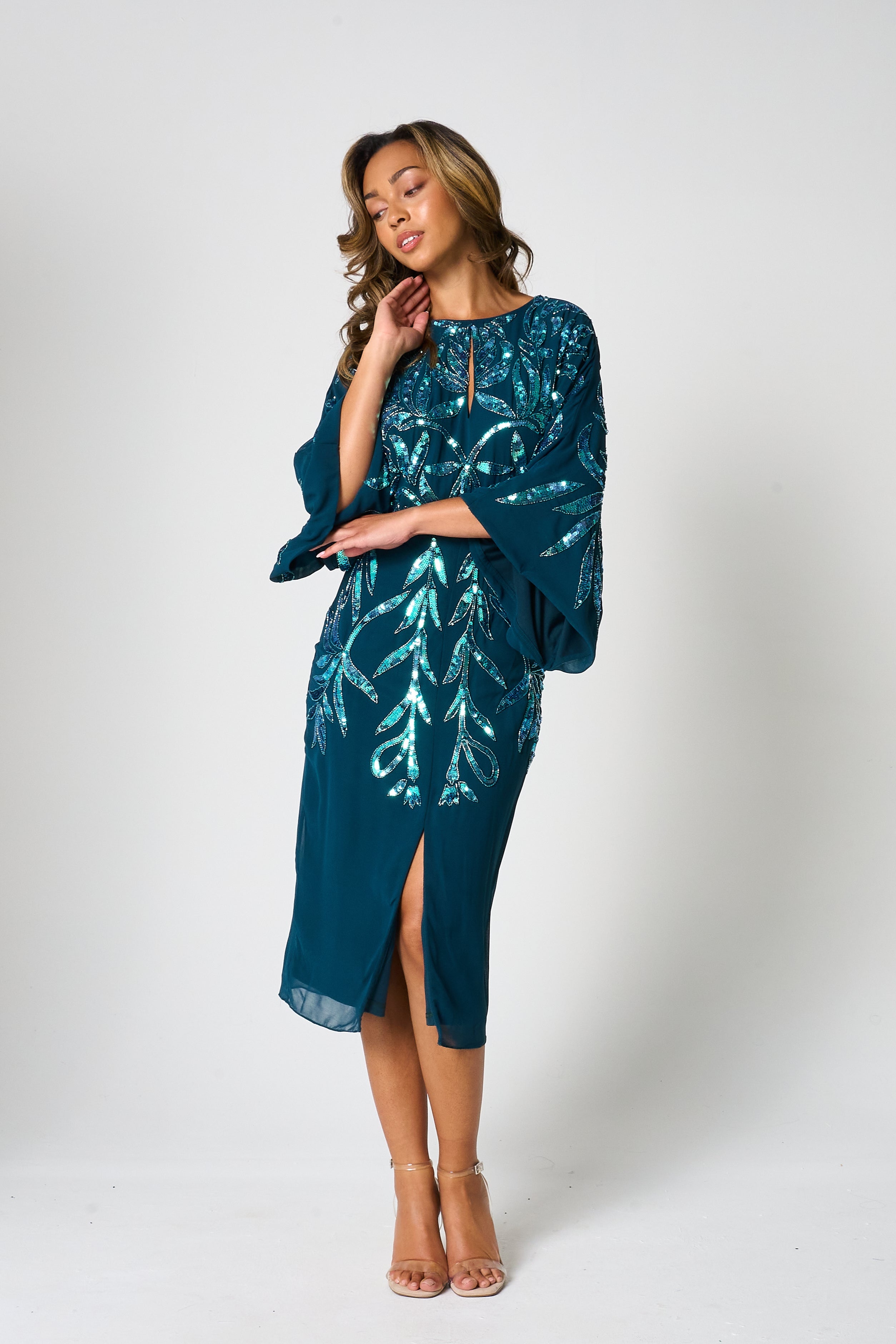 Beryl Deep Teal Sequin Midi Dress Frock and Frill Beryl Deep Teal Sequin Midi Dress Frock and Frill