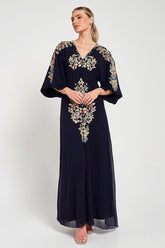 Briony Navy Embroidered Maxi Dress with Batwing Sleeves