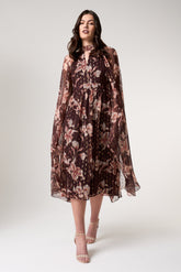 Bronwyn Brown Floral Print Cape Sleeve Midi Dress