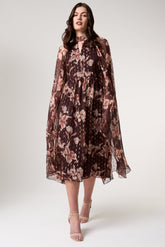 Bronwyn brown floral print cape sleeve midi dress by Frock and Frill with gold thread flecked detailing designed for elegant occasion and day to evening wear styling