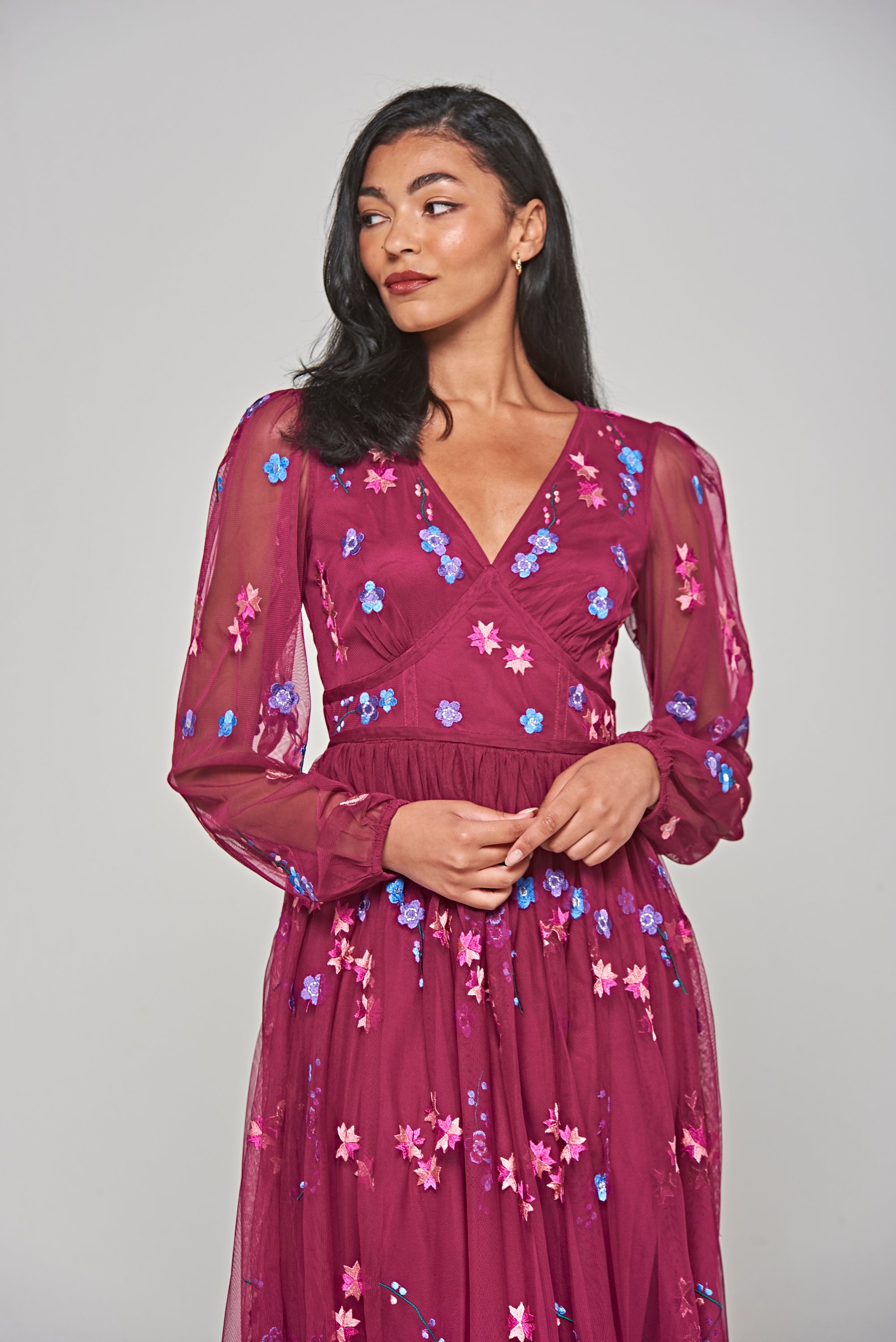 Brooke Boysenberry Floral Embroidered Midi Dress Frock and Frill Brooke Boysenberry Floral Embroidered Midi Dress Frock and Frill