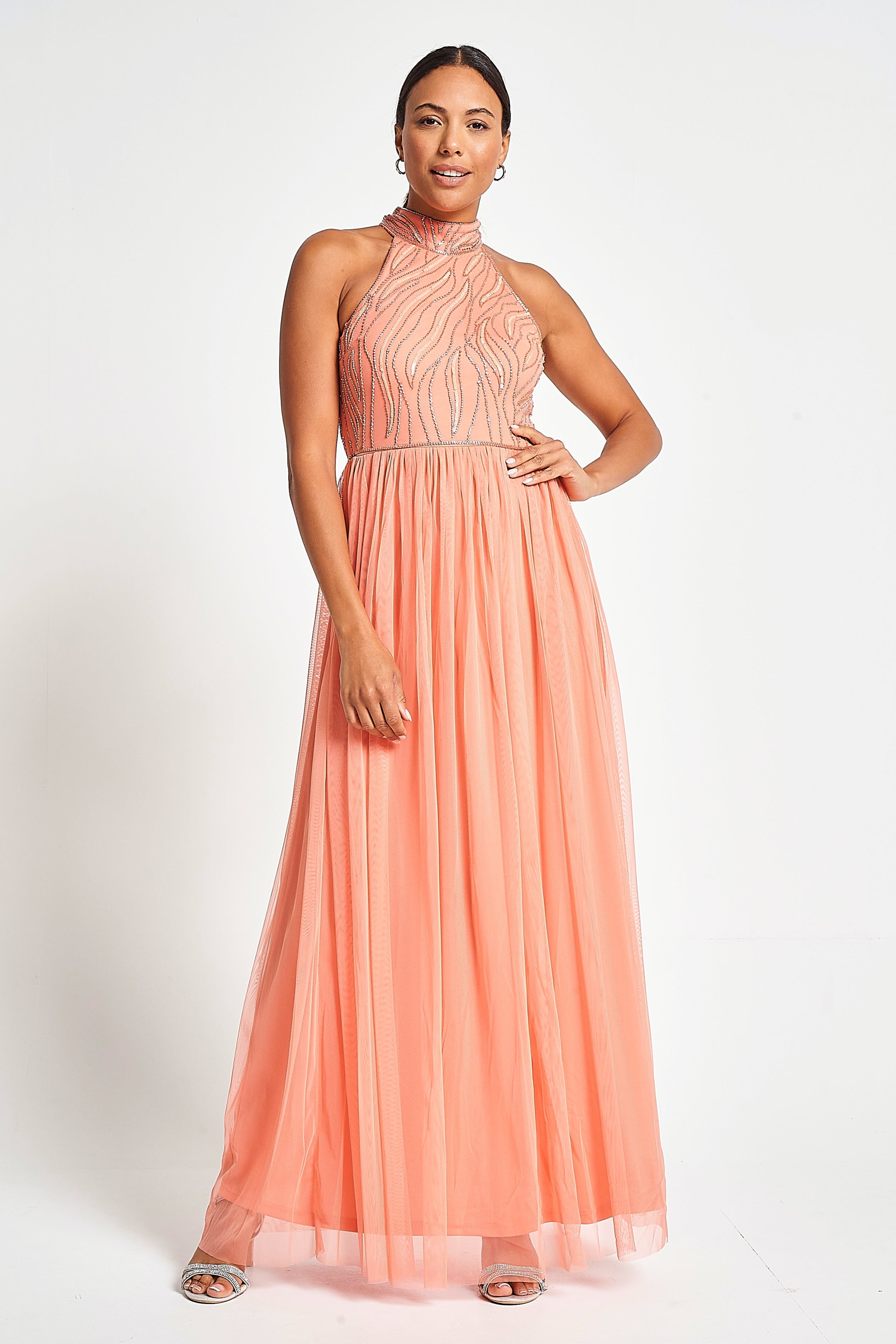 Caroline Coral Embellished Halter Neck Maxi Dress Frock and Frill