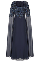 Cherith Navy Embellished Cape Sleeve Maxi Dress