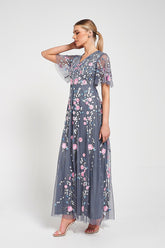 Crisanta Charcoal Floral Embroidered Maxi Dress