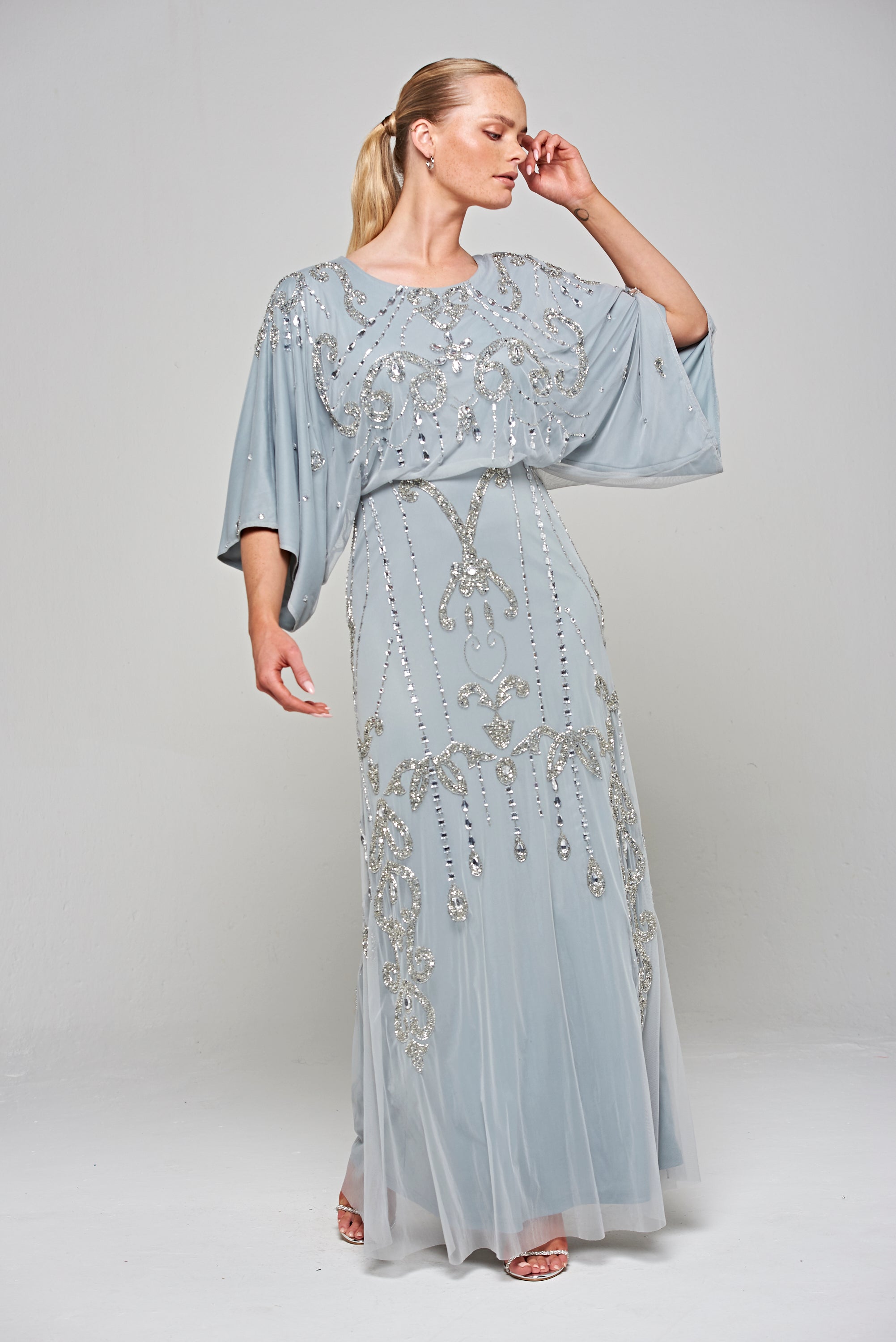 Evening Gown Tatiana Embellished Maxi Dress Christine Light Grey Embellished Maxi Dress With Batwing Sleeves Frock And Frill Evening Gown Tatiana Embellished Maxi Dress Christine Light Grey Embellished Maxi Dress With Batwing Sleeves Frock And Frill
