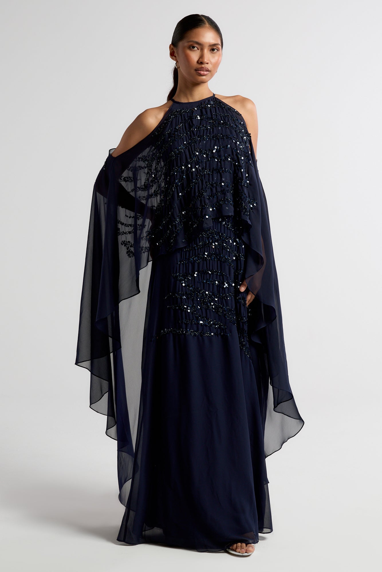 Colette Navy Embellished Cold Shoulder Maxi Dress With Cape Detail Frock and Frill Colette Navy Embellished Cold Shoulder Maxi Dress With Cape Detail Frock and Frill