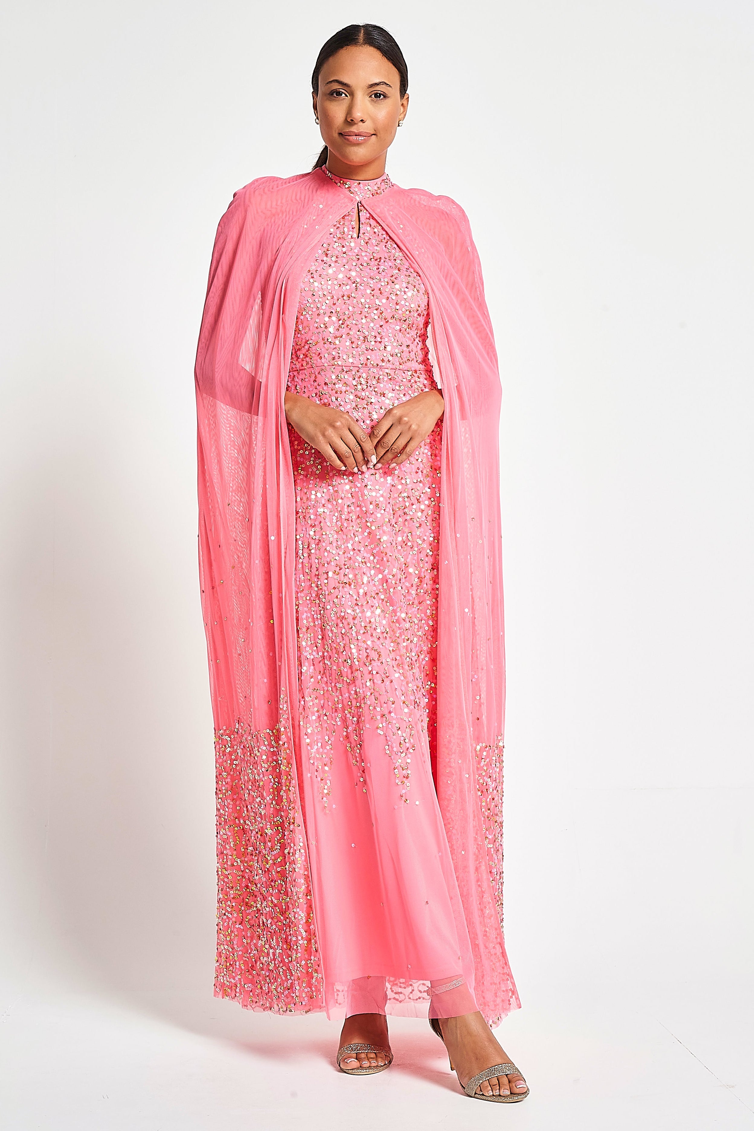 satin poncho dress Elegant Sheer Cape Overlay Satin Maxi Dress Likemychoice