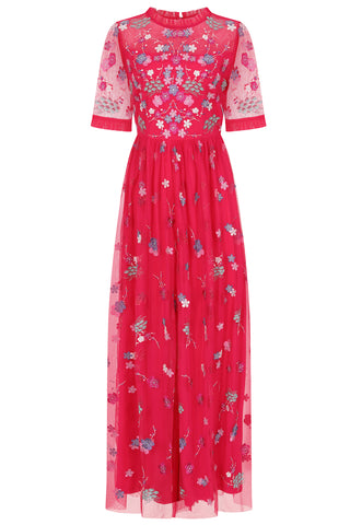 Coraline Floral Embroidered Maxi Dress - Crimson Pink