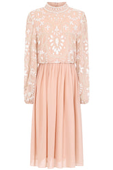 Cressida blush embellished midi dress with full-length puff sleeves and fit and flare skirt