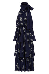 Dalia Navy Floral Embellished Tiered Midi Dress