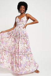 Deia off white floral print maxi dress by Frock and Frill with ruched bust, ruffle trims and cami straps designed for lightweight summer and occasion wear styling