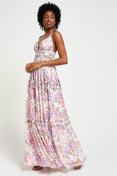 Deia off white floral print maxi dress by Frock and Frill with ruched bust, ruffle trims and cami straps designed for lightweight summer and occasion wear styling