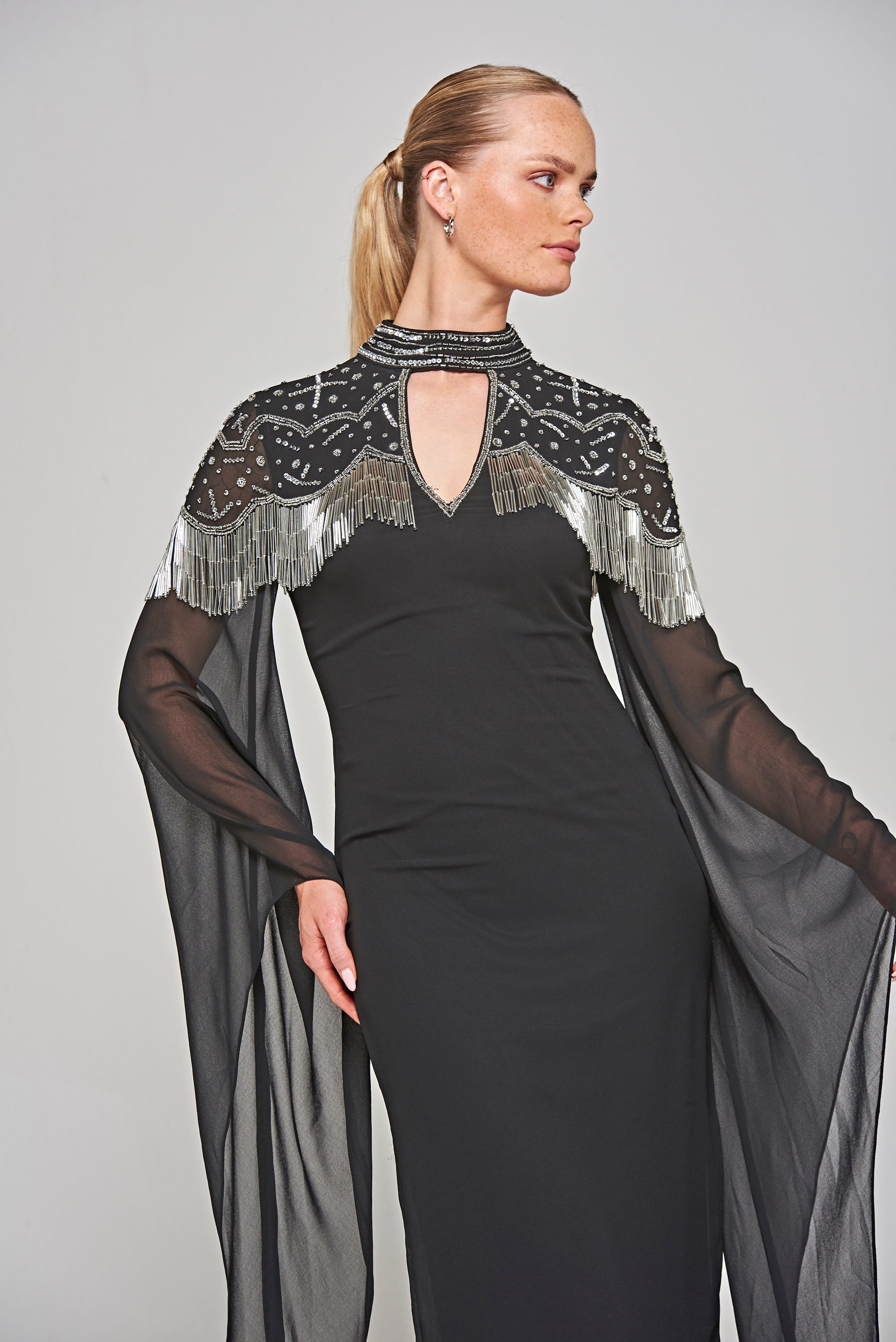 Delores Black Embellished Midi Dress with Flute Sleeves Frock and Frill Delores Black Embellished Midi Dress with Flute Sleeves Frock and Frill