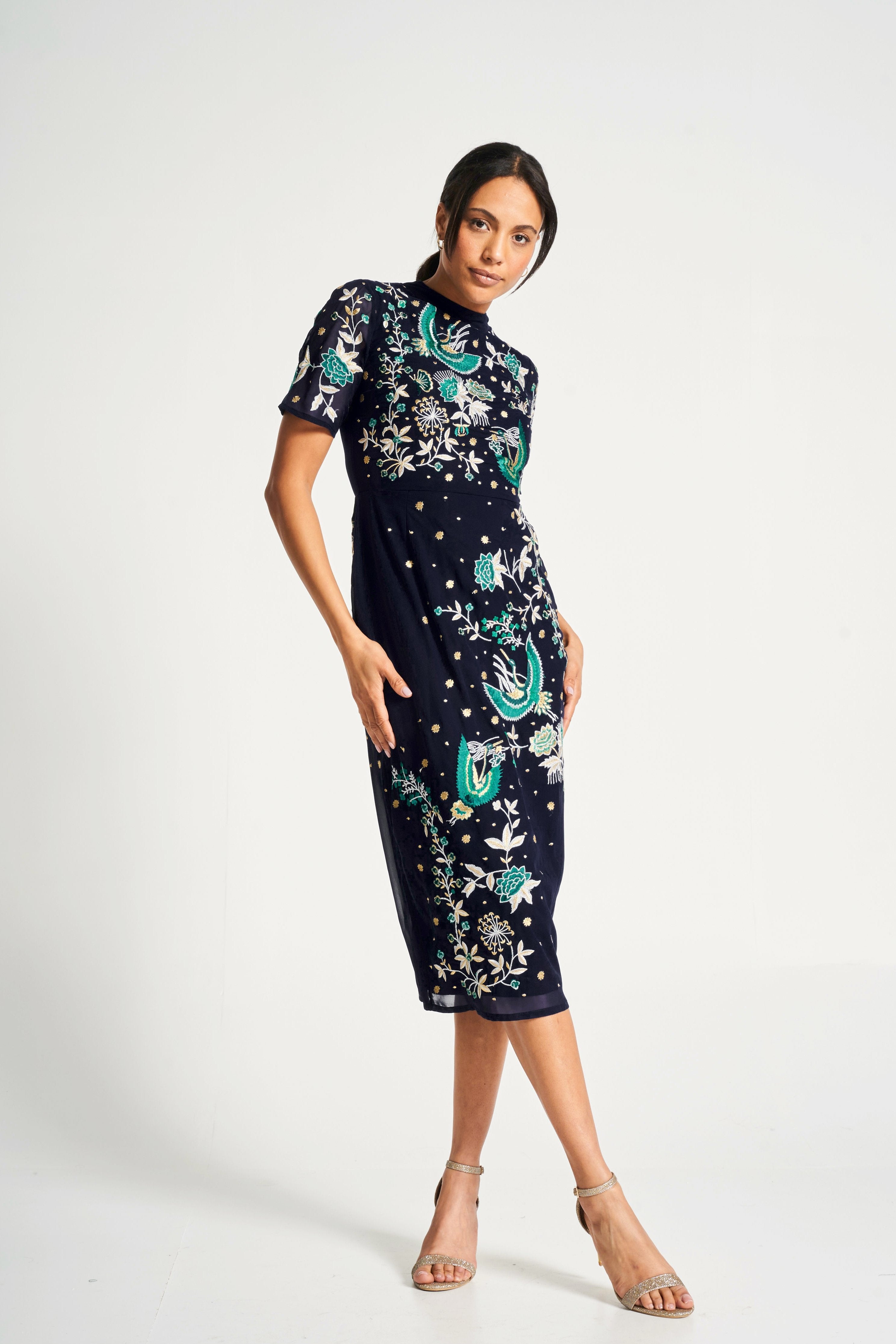 Delphine Navy Embroidered Midi Dress Frock and Frill Delphine Navy Embroidered Midi Dress Frock and Frill