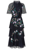 Diantha Navy Floral Embroidered Tiered Midi Dress