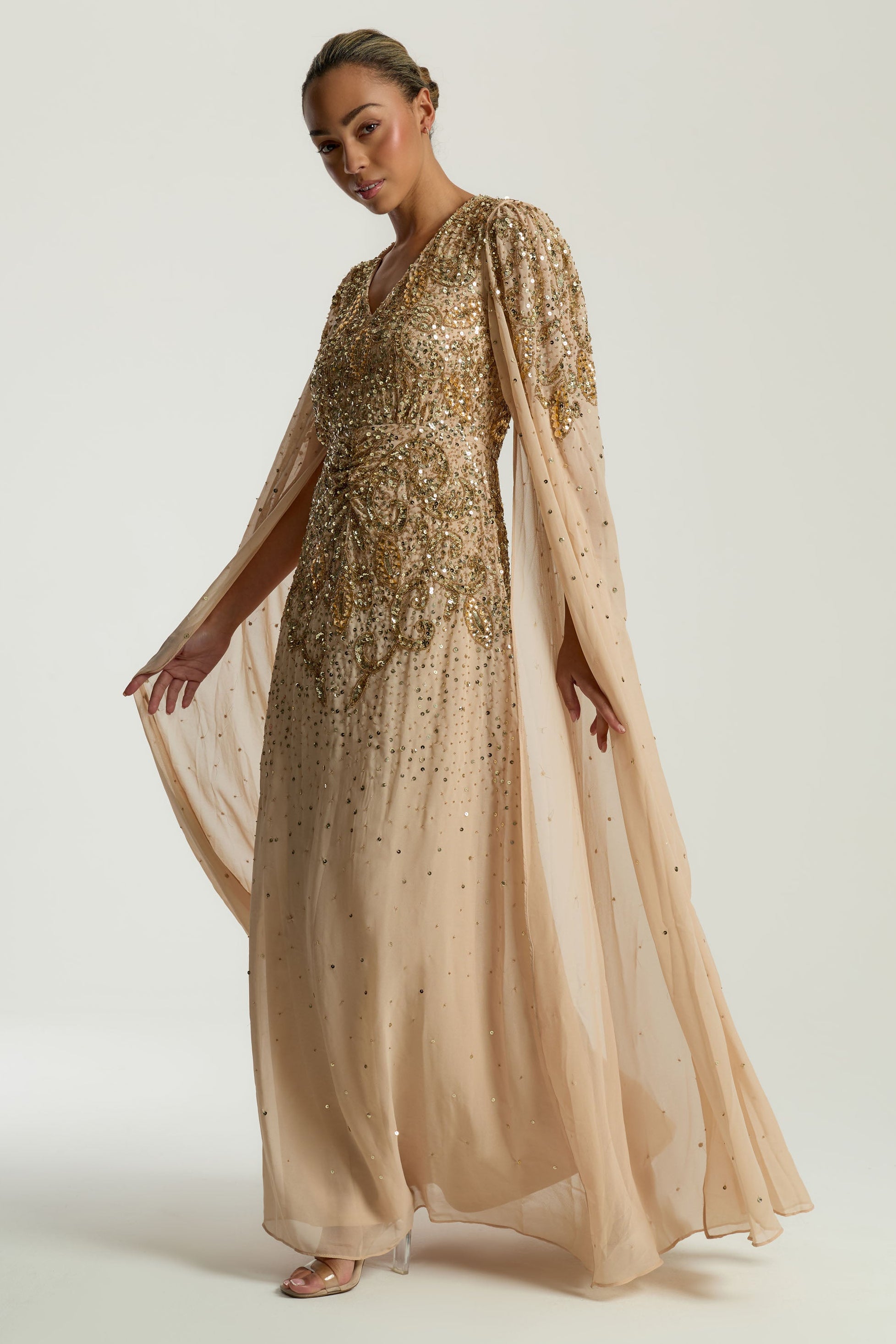 Donna Gold Embellished Cape Sleeve Maxi Dress Frock and Frill Donna Gold Embellished Cape Sleeve Maxi Dress Frock and Frill