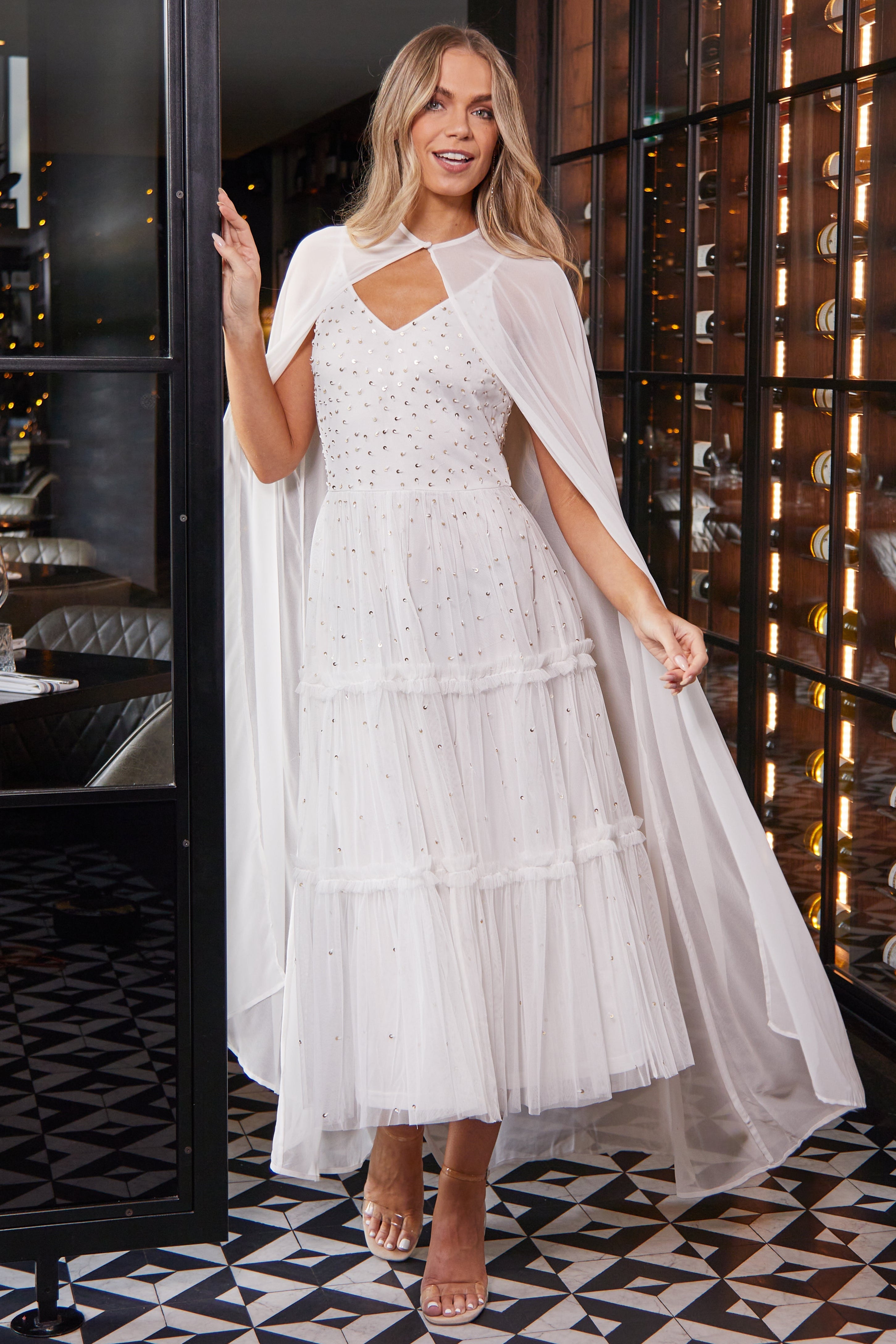 Dorothy White Sequin Midi Dress with Detachable Cape Frock and Frill Dorothy White Sequin Midi Dress with Detachable Cape Frock and Frill