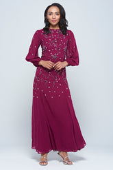 Emilia purple floral embellished long sleeve maxi dress with fitted bodice and flowing skirt, designed for elegant modest occasion wear.