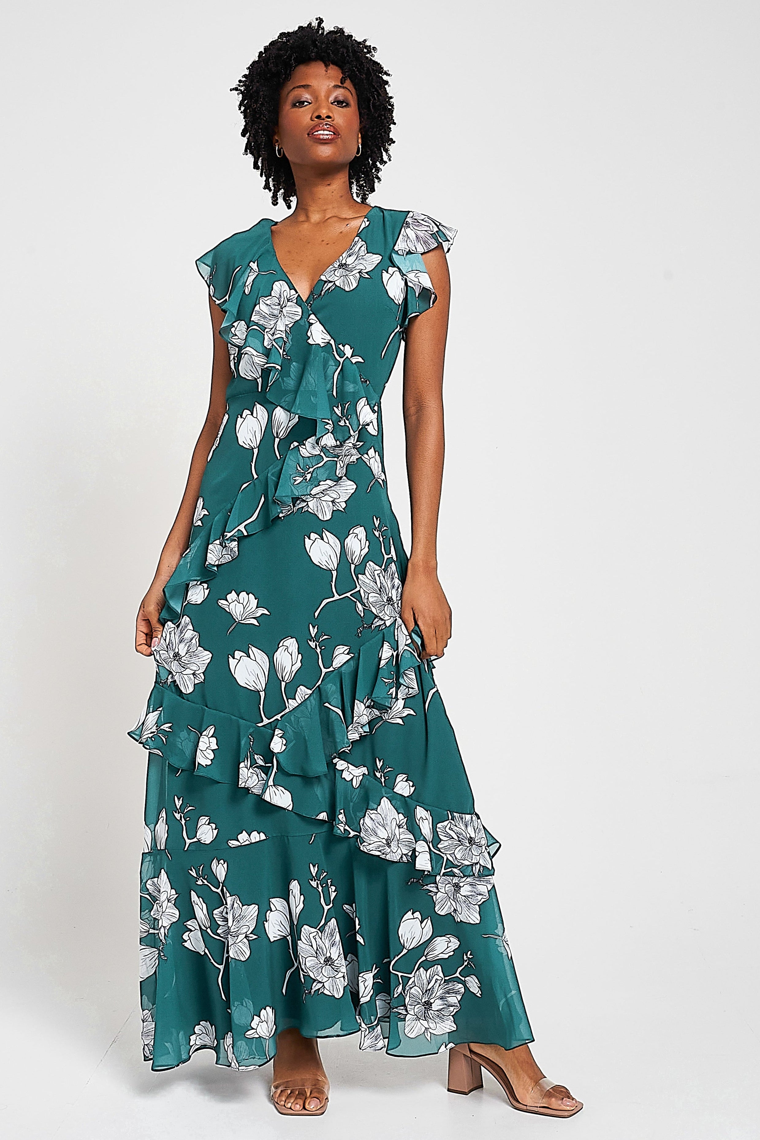 Esme Green Floral Print Frill Detail Maxi Dress Frock and Frill Esme Green Floral Print Frill Detail Maxi Dress Frock and Frill