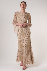 Faith gold embellished maxi dress with intricate beadwork and sheer long sleeves