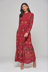 Farley Woodland Embroidered Maxi Dress - Burgundy