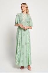 Fern Light Green Embellished Maxi Dress with Lace Panels