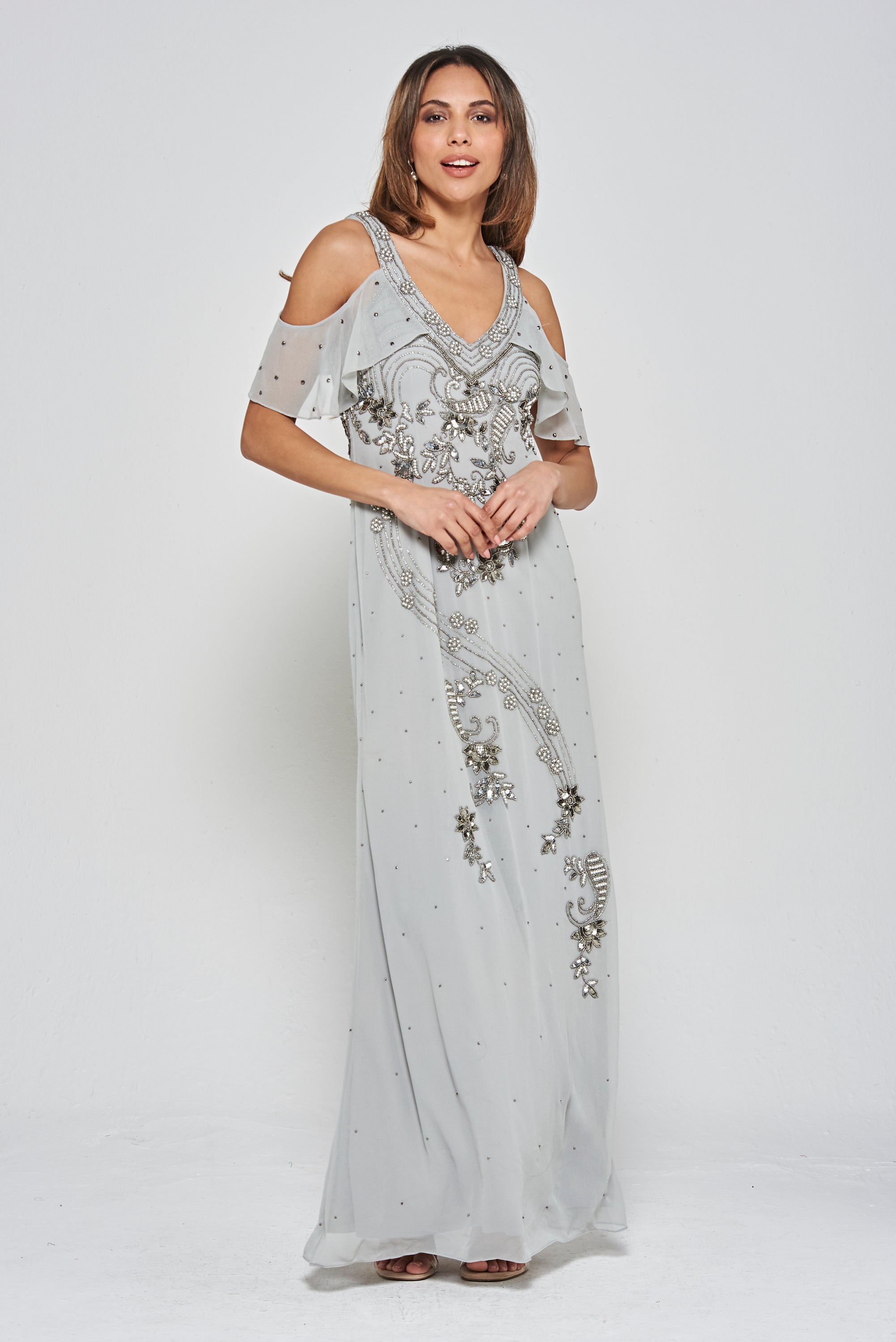 Gali Grey Cold Shoulder Embellished Maxi Dress Frock and Frill Gali Grey Cold Shoulder Embellished Maxi Dress Frock and Frill